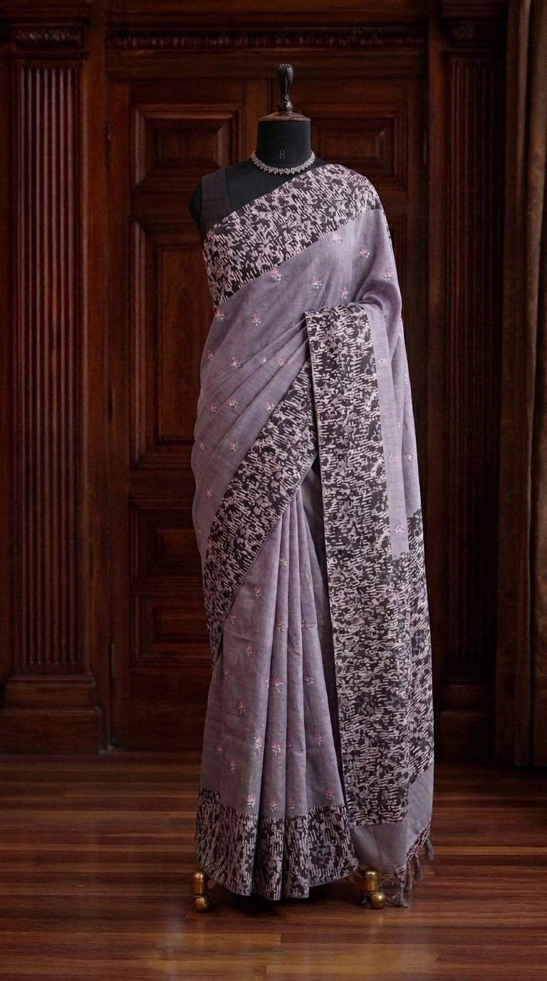 Lavender Grey Tussar Saree