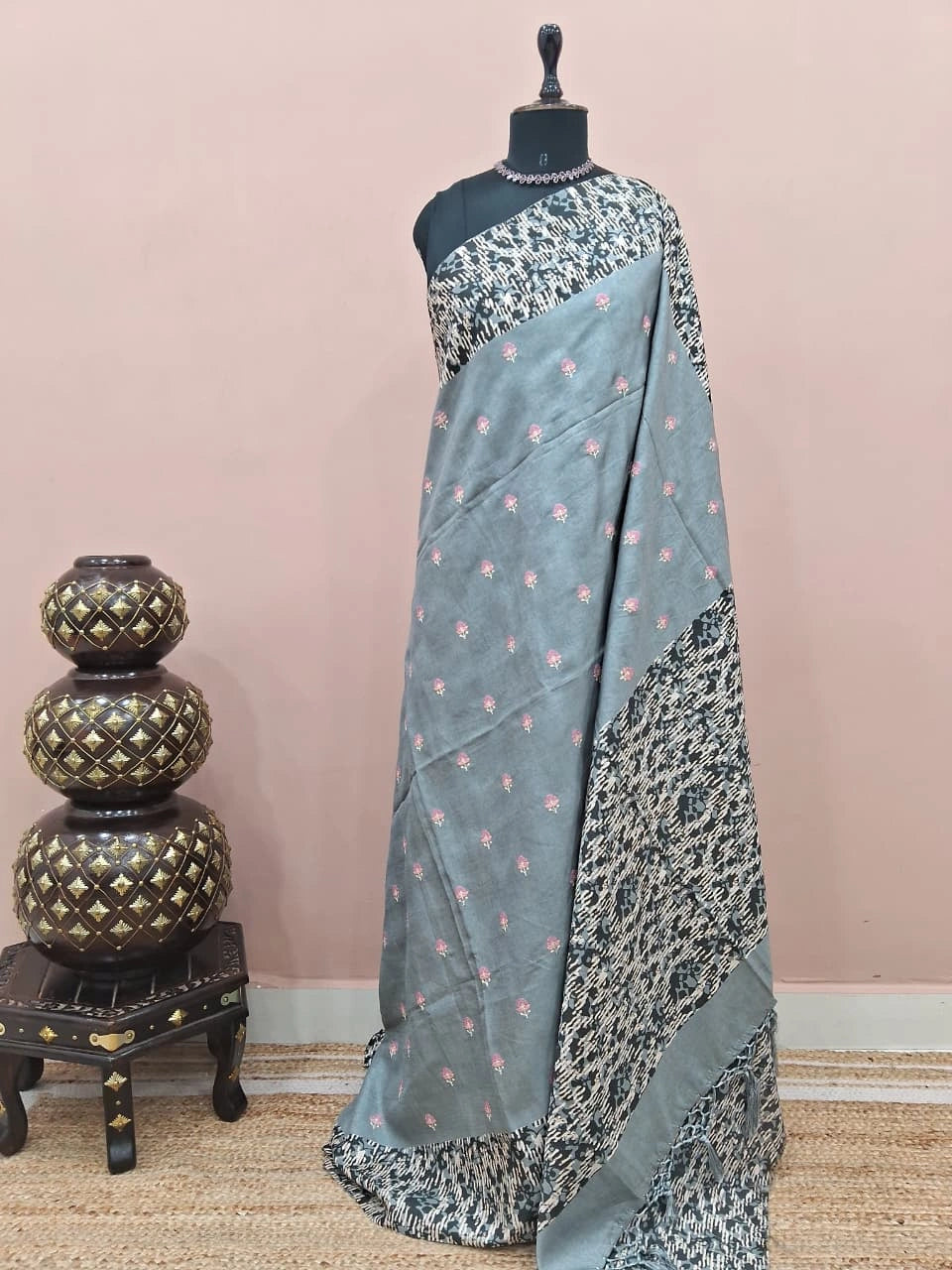 Dark Metal Grey Tussar Saree