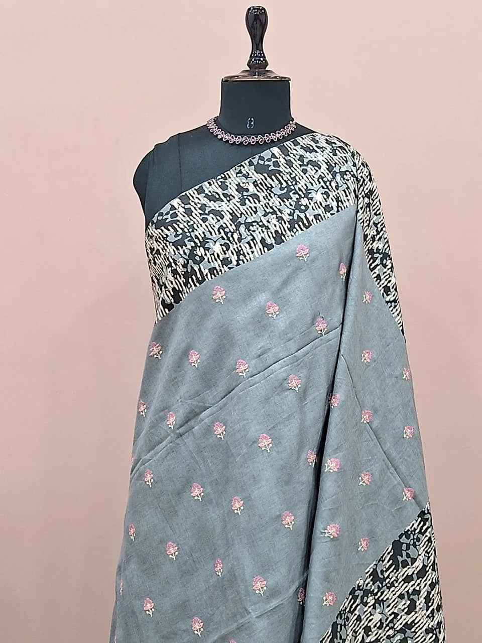 Dark Metal Grey Tussar Saree 1