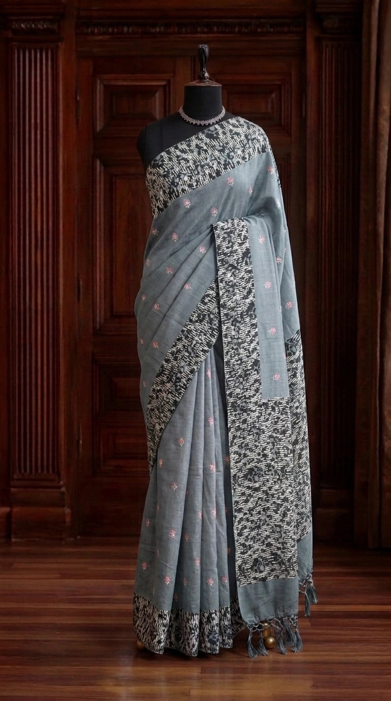 Dark Metal Grey Tussar Saree
