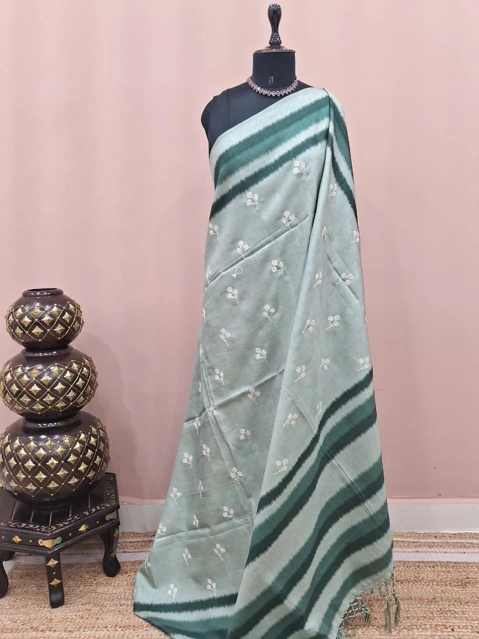 Light Mint Green Tussar Saree