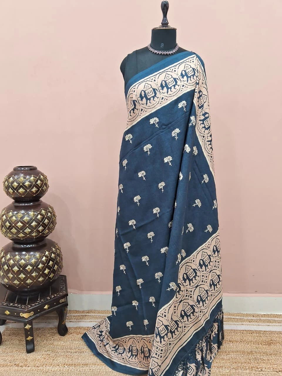 Dark Ink Blue Tussar Saree
