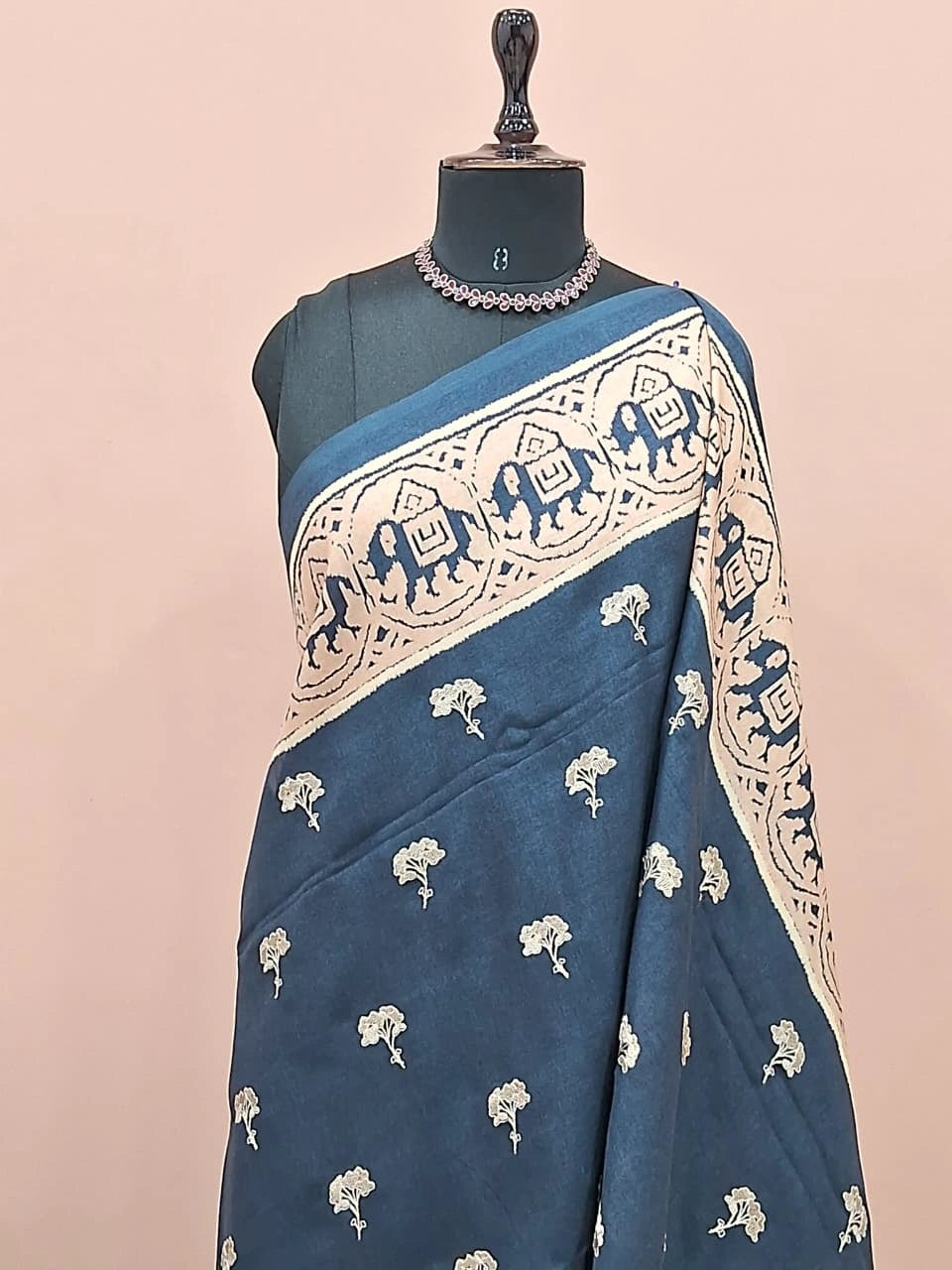 Dark Ink Blue Tussar Saree 1
