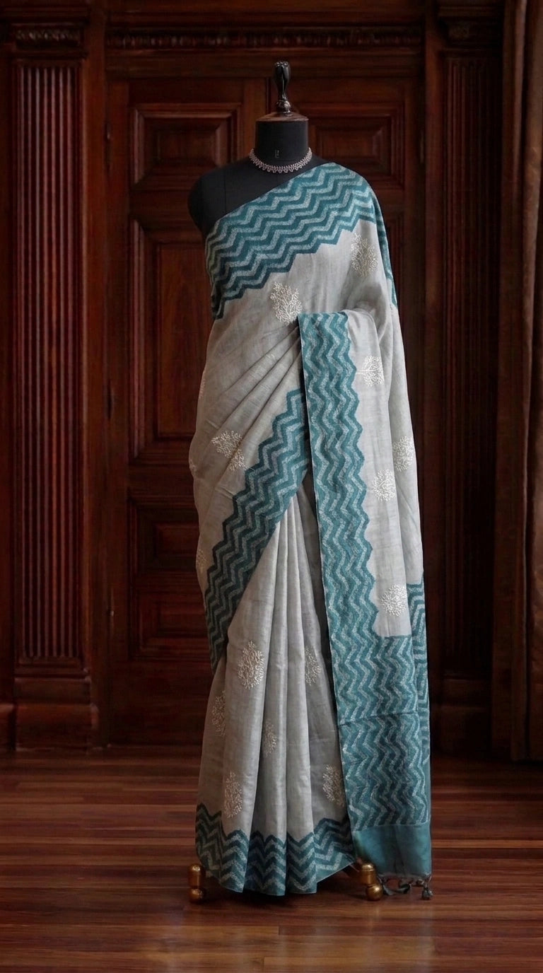 Light Sky Blue Tussar Saree