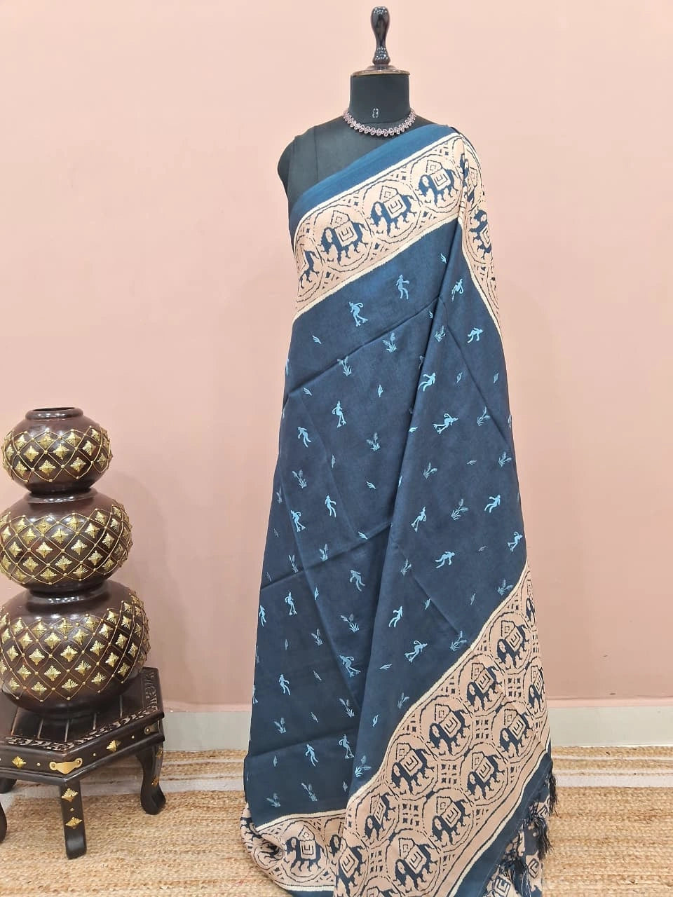 Dark Navy Blue Tussar Saree
