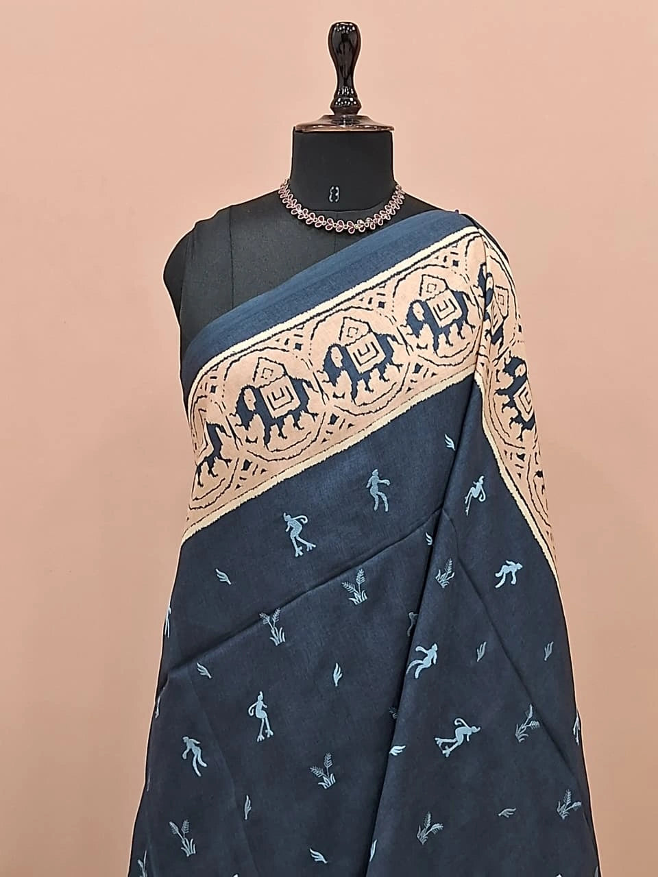 Dark Navy Blue Tussar Saree 1