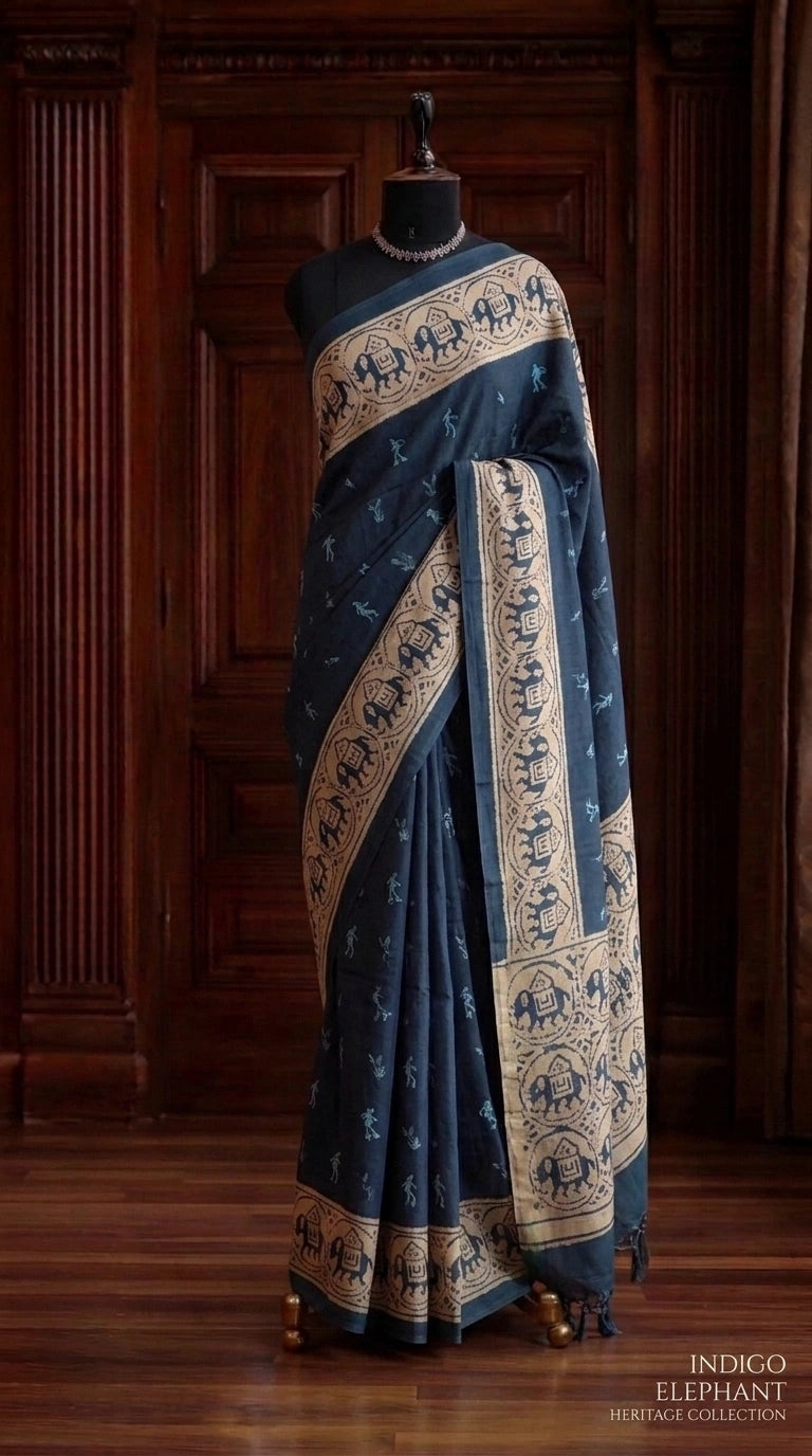 Dark Navy Blue Tussar Saree
