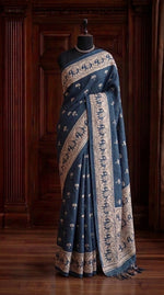 Dark Ink Blue Tussar Saree