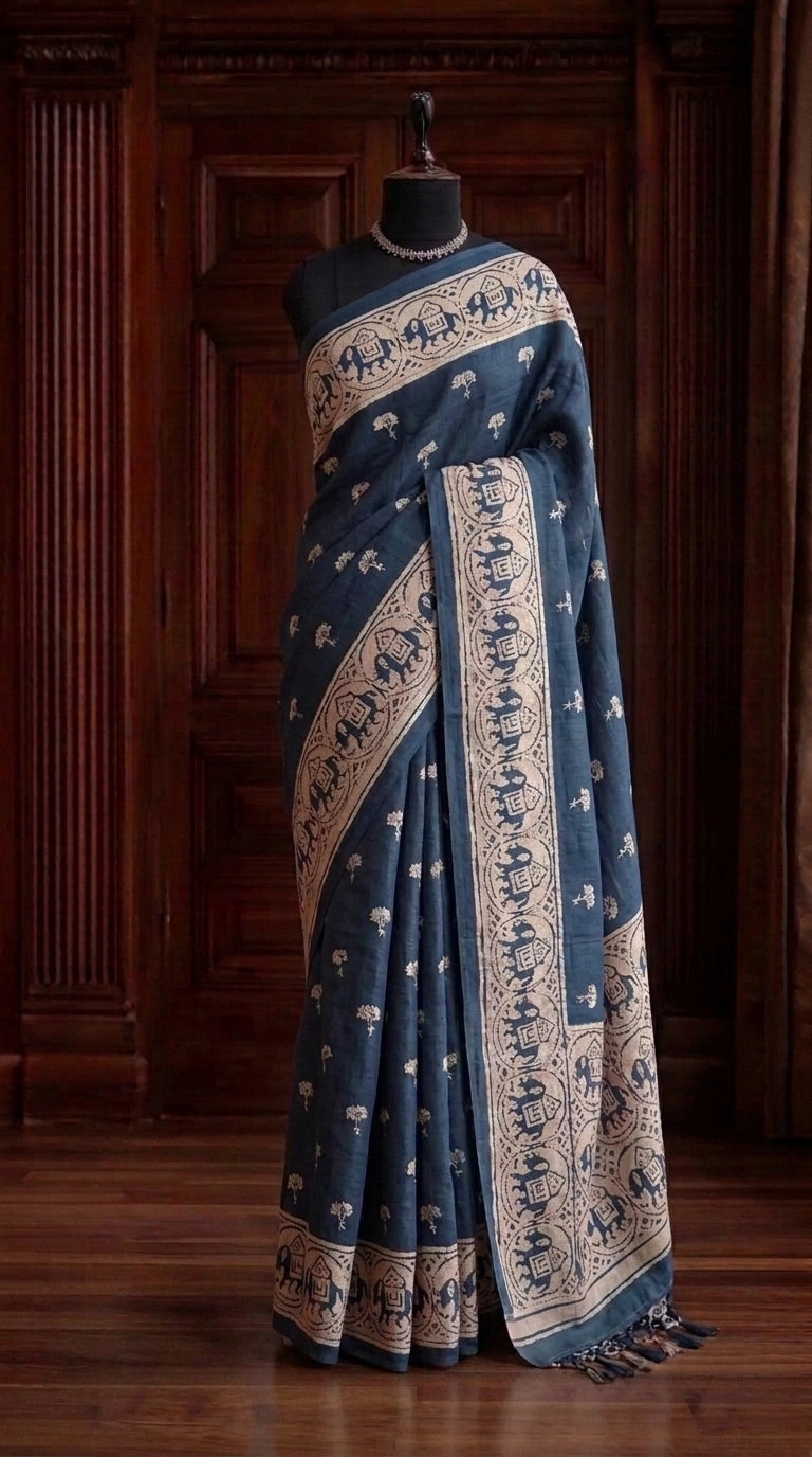 Dark Ink Blue Tussar Saree