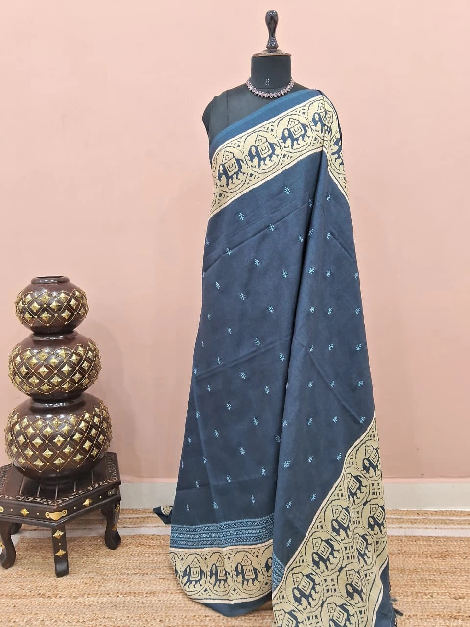 Navy Blue Tussar Saree