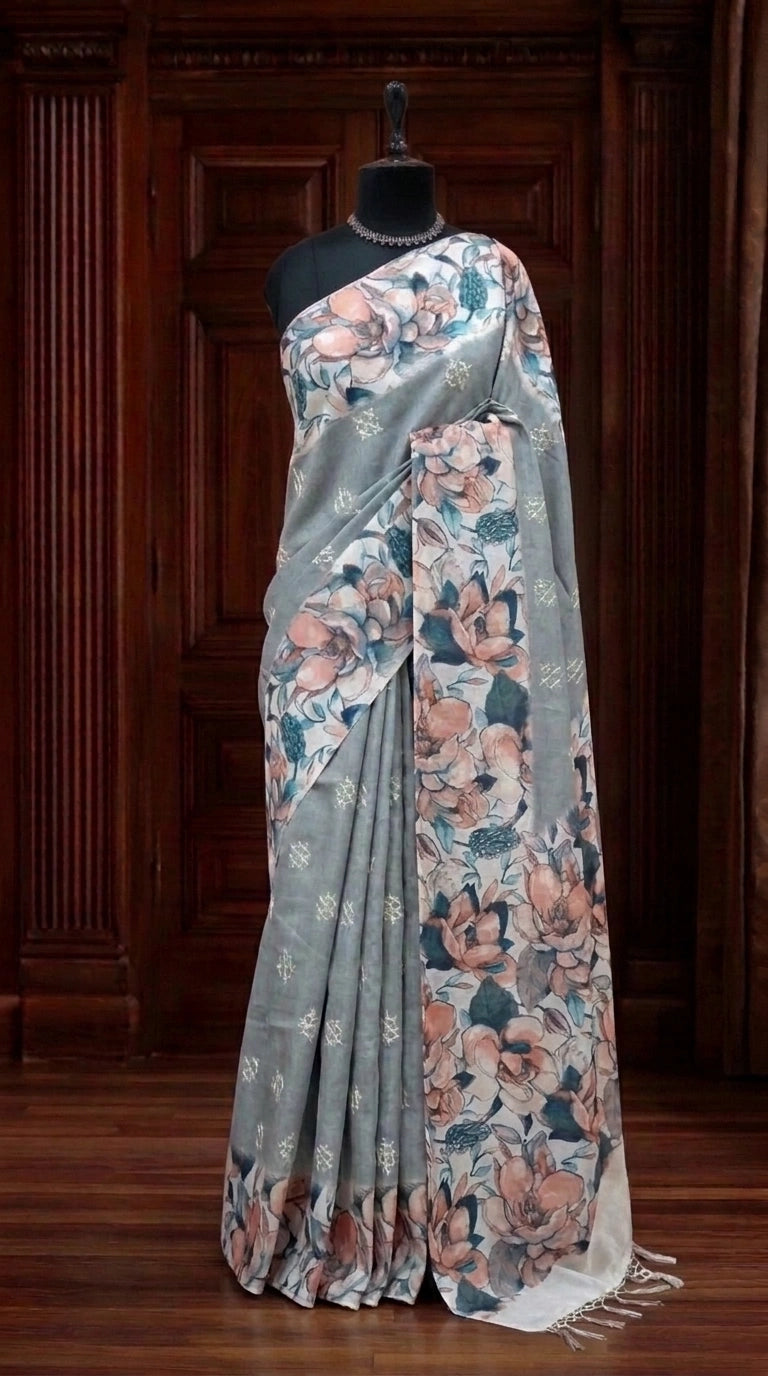 Elegant Metal Grey Tussar Saree