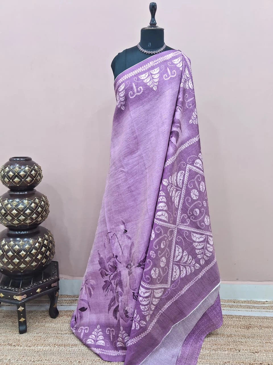 Light Lavender Plain Crush Silk Saree
