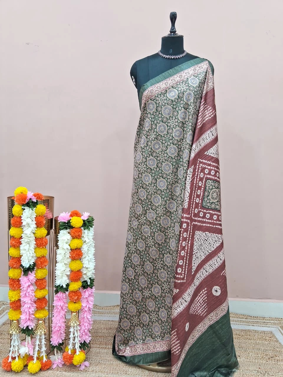 Bottle Green Tussar Crepe Silk Saree 
