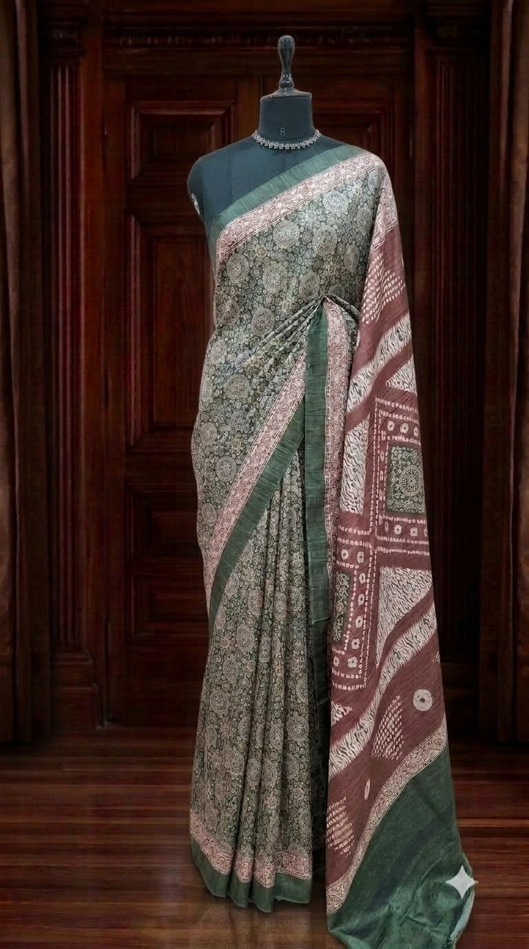 Bottle Green Tussar Crepe Silk Saree 