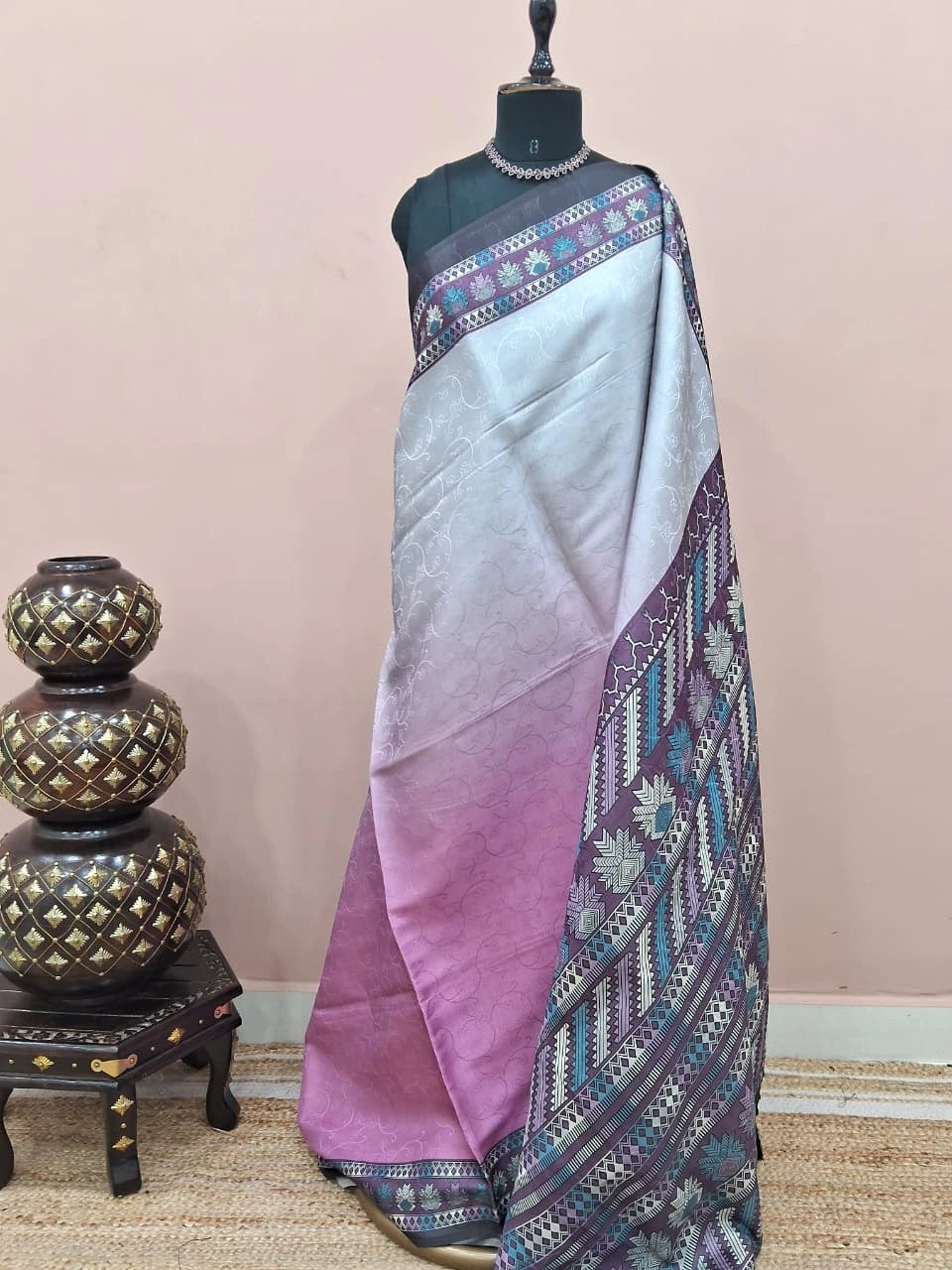 Pearl White and onion pink Satin Saree 