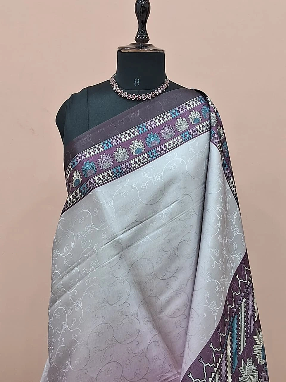 Pearl White and onion pink Satin Saree 1