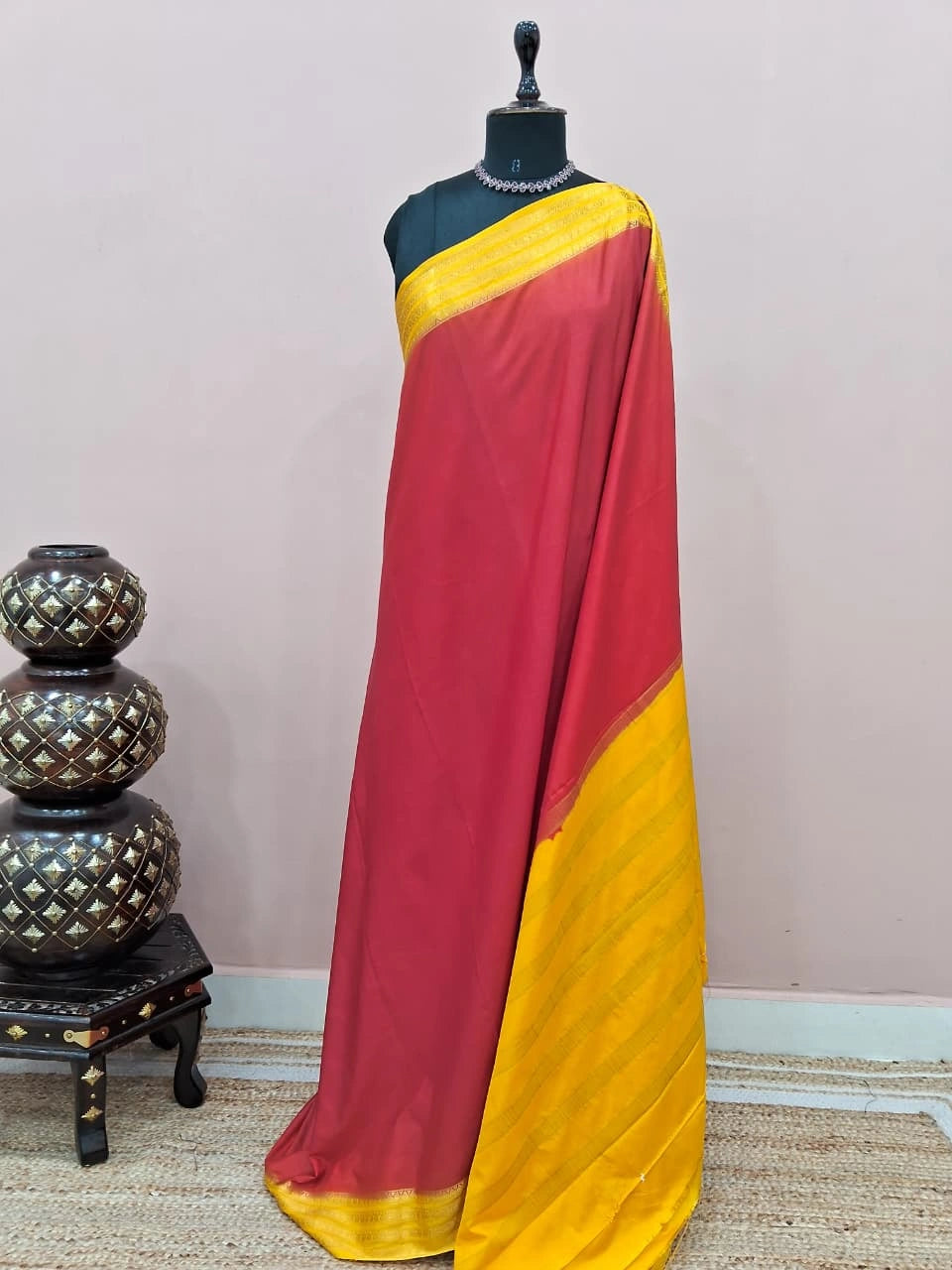 Tomato Red Mysore Crepe Silk Saree 