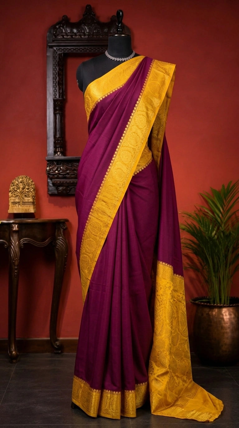 Dark Wine Plain Mysore Crepe Silk Saree 