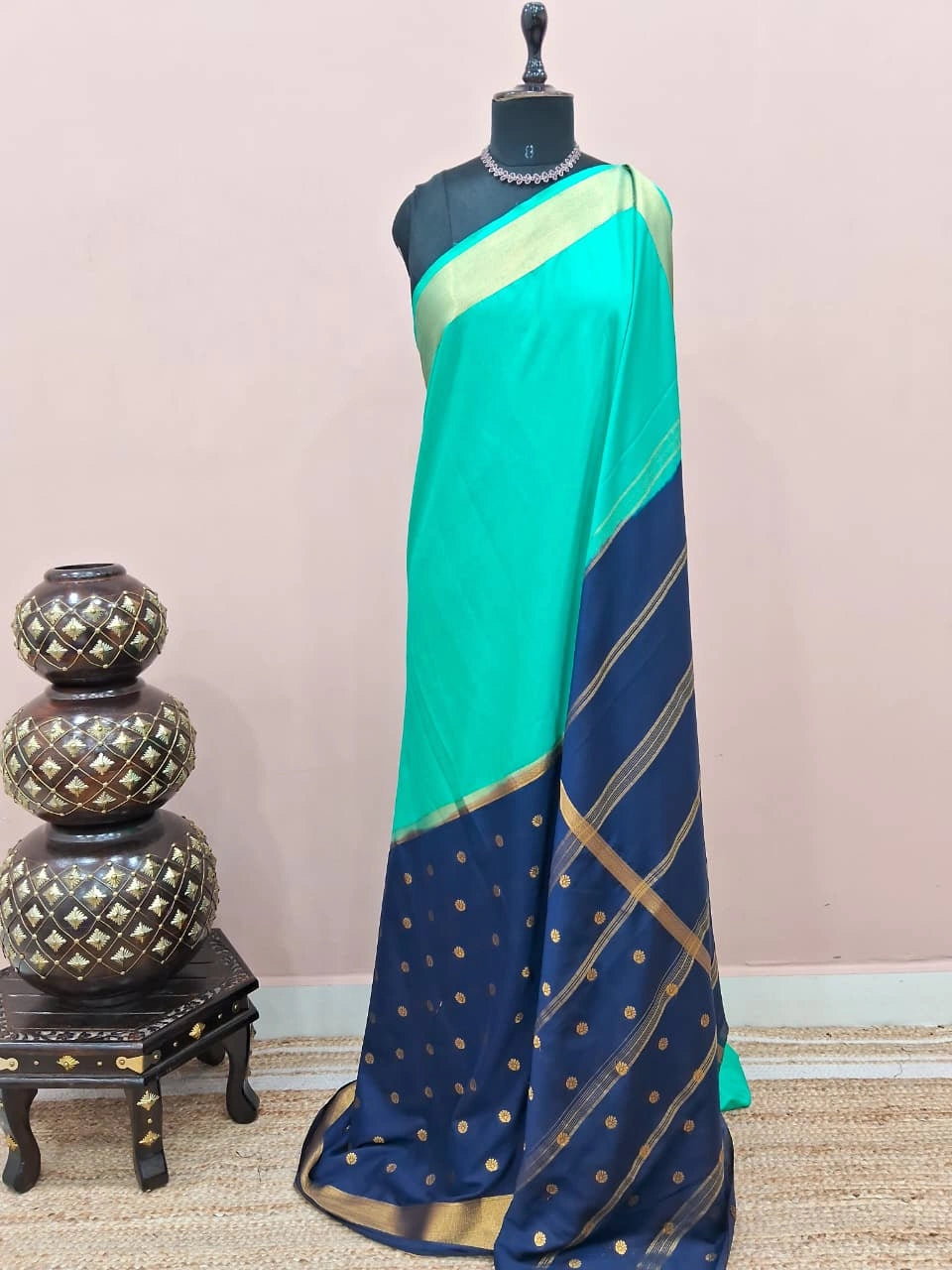Aqua Green Plain Mysore Crepe Silk Saree 