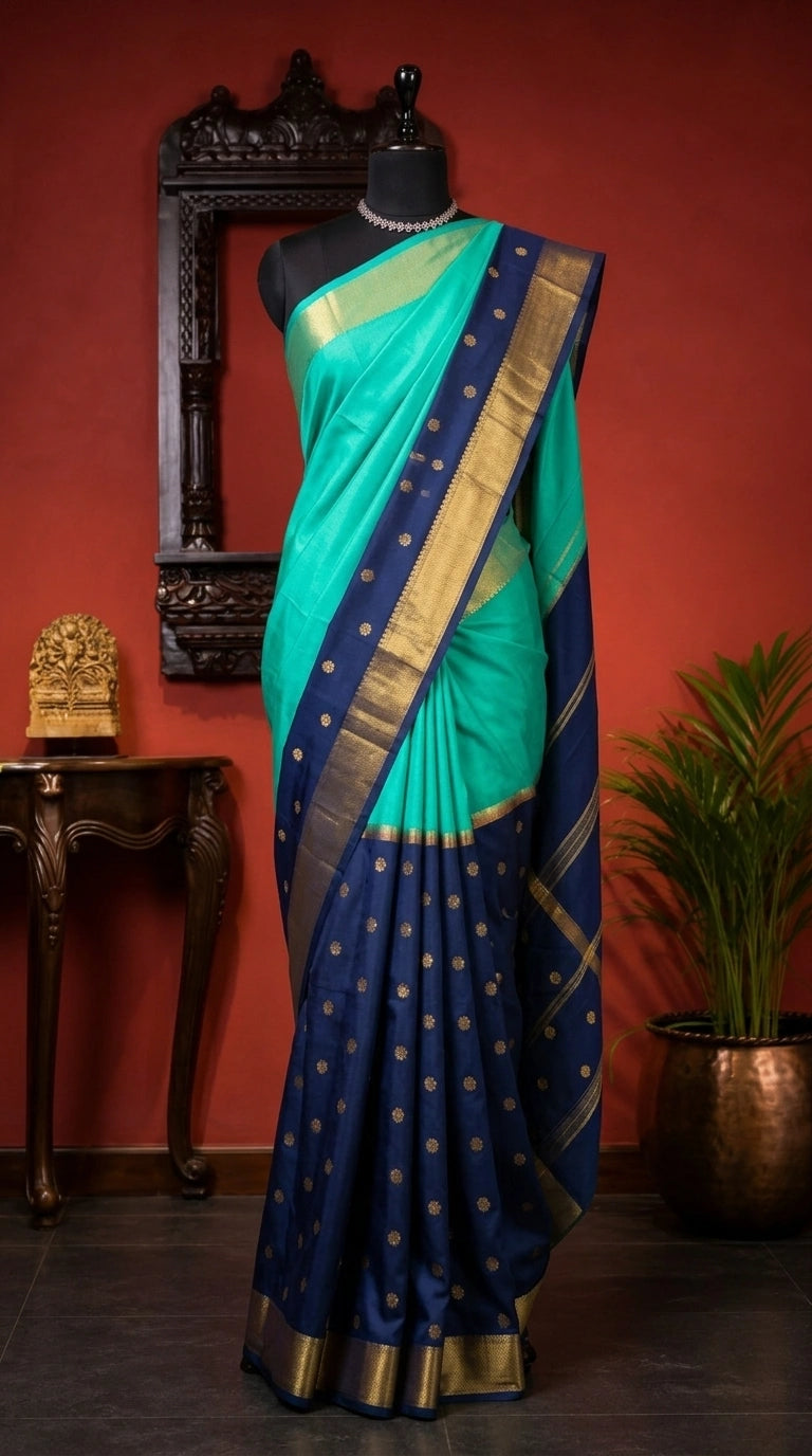 Aqua Green Plain Mysore Crepe Silk Saree 