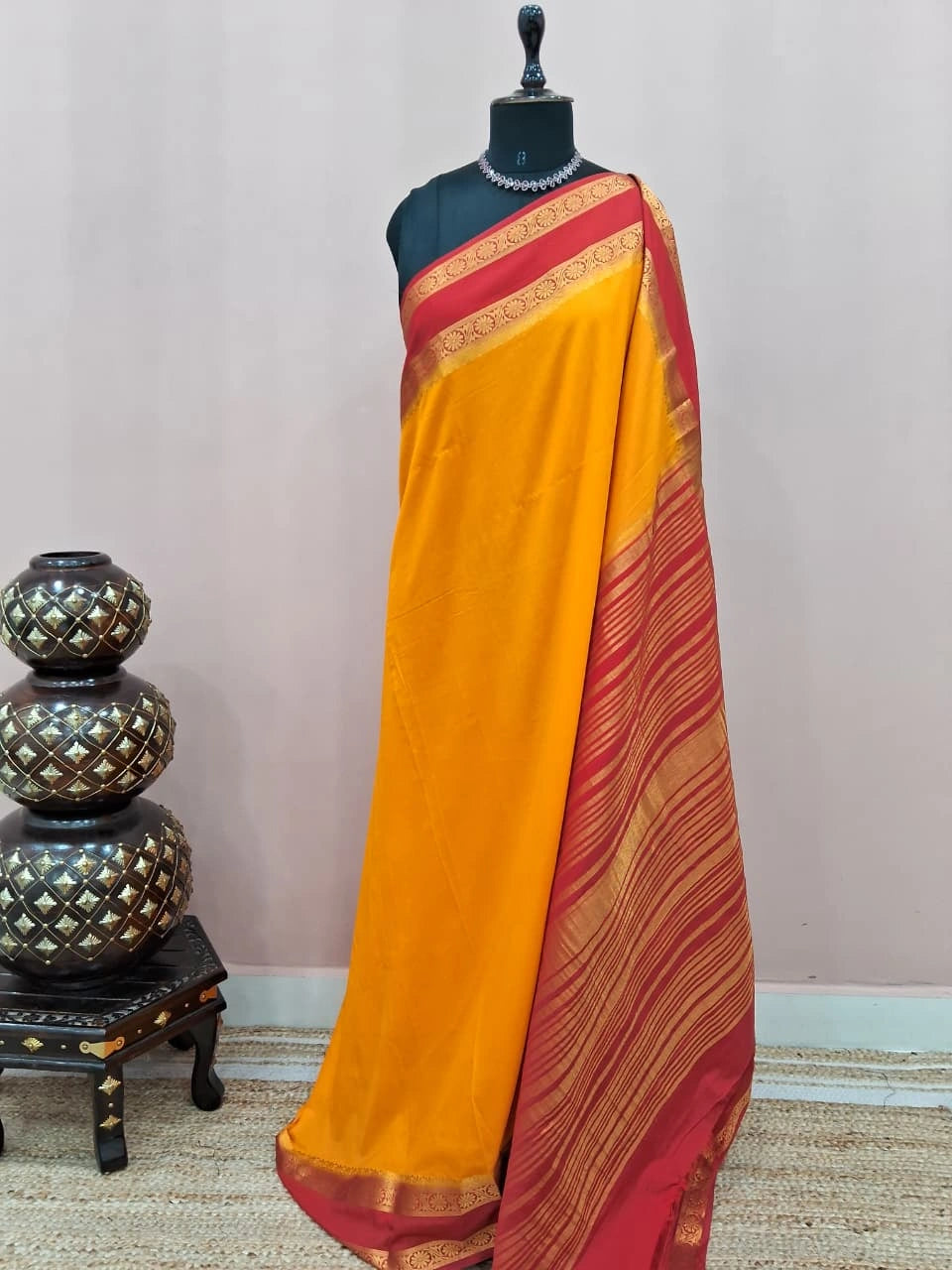 Dark Yellow Mysore Crepe Silk Saree 