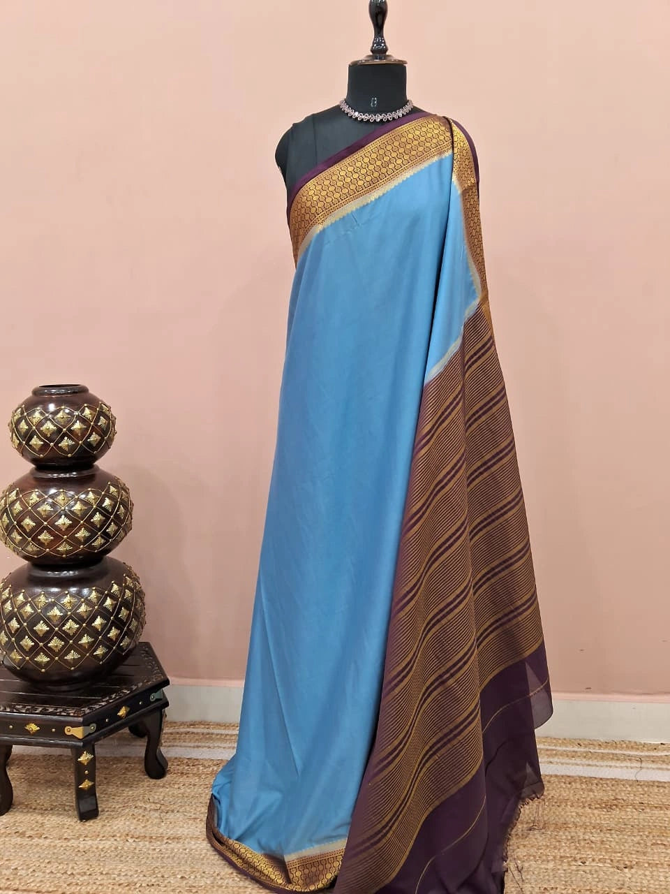 Baby Blue Plain Crepe Silk Saree 