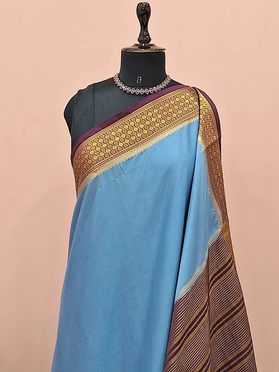 Baby Blue Plain Crepe Silk Saree 1