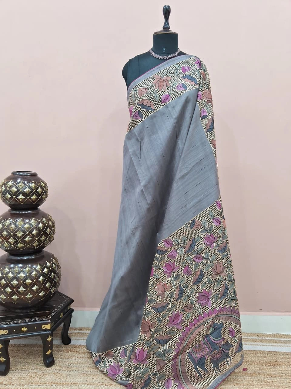 Elephant Grey Plain Tussar Saree