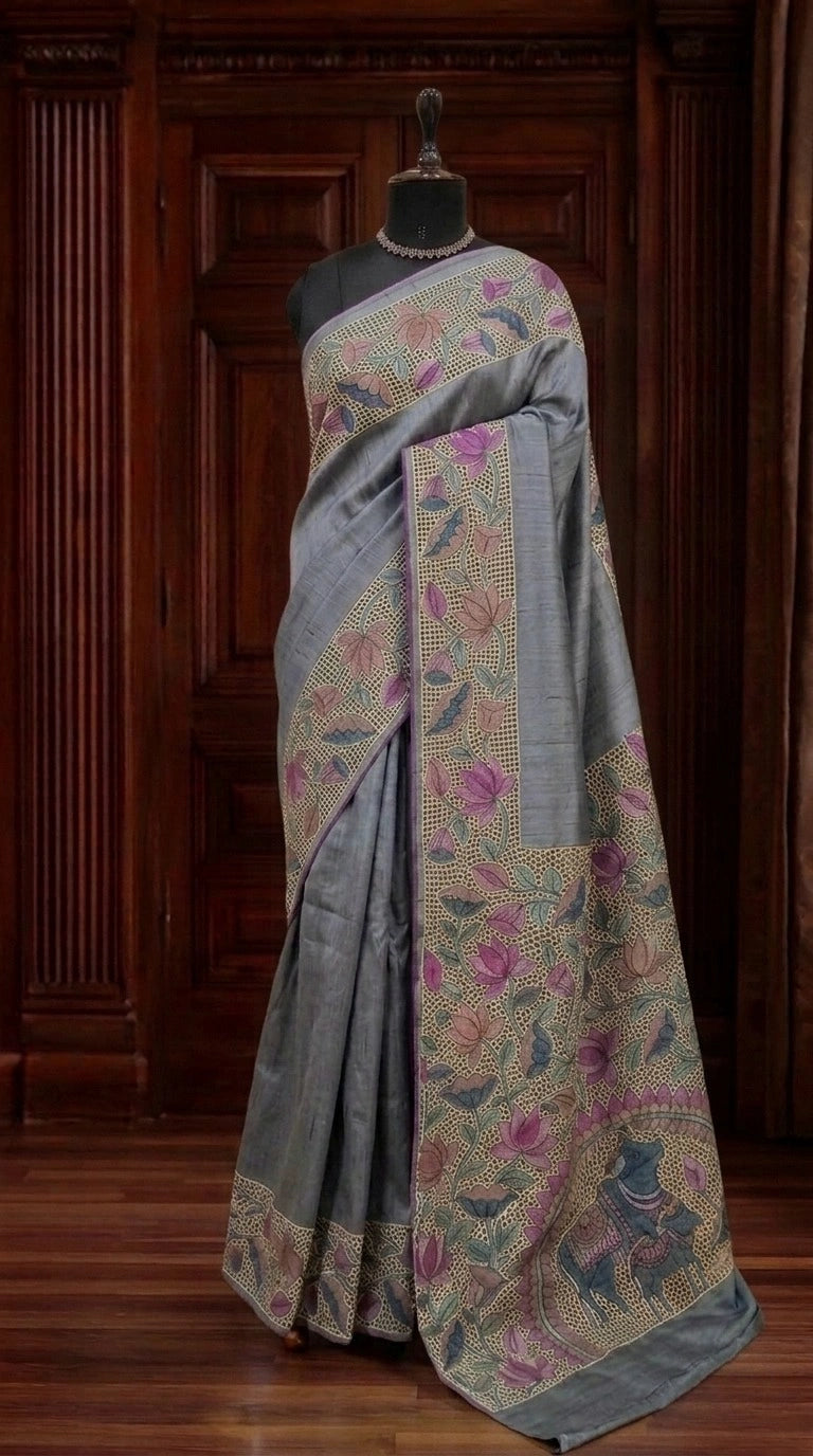 Elephant Grey Plain Tussar Saree