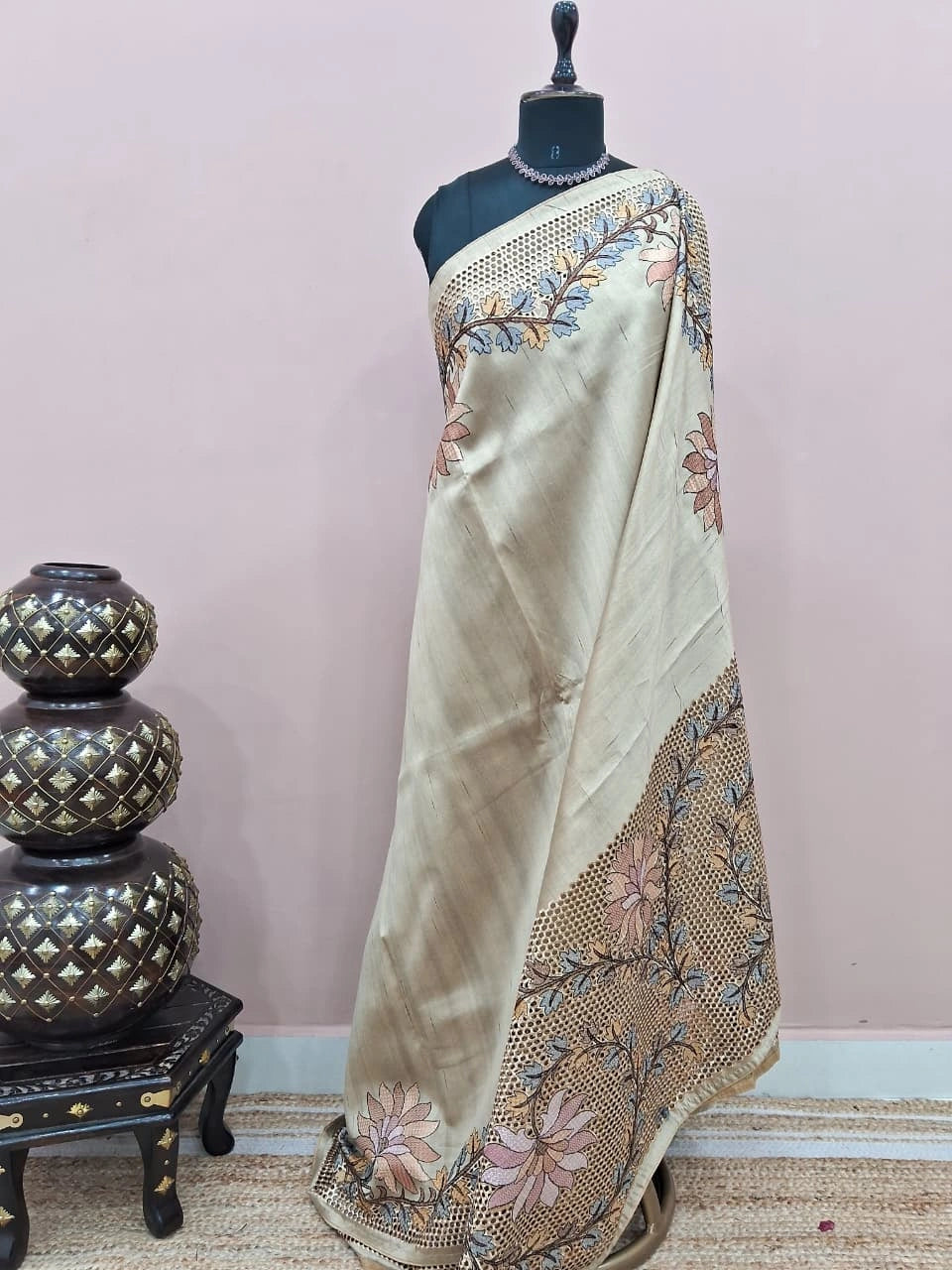 Beige Plain Tussar Saree