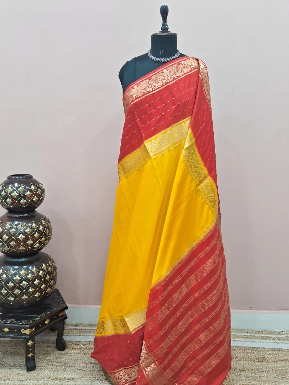 Yellow Plain Mysore Crepe Silk Saree 