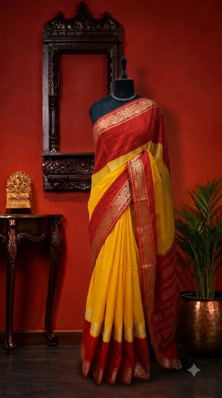 Yellow Plain Mysore Crepe Silk Saree 