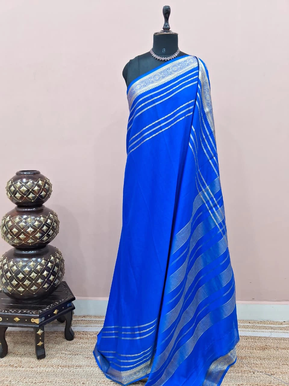 Royal Blue Plain Mysore Crepe Silk Saree 