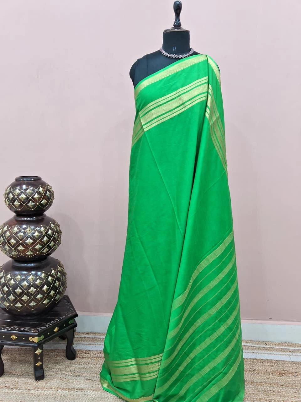 Leaf Green Plain Mysore Crepe Silk Saree 