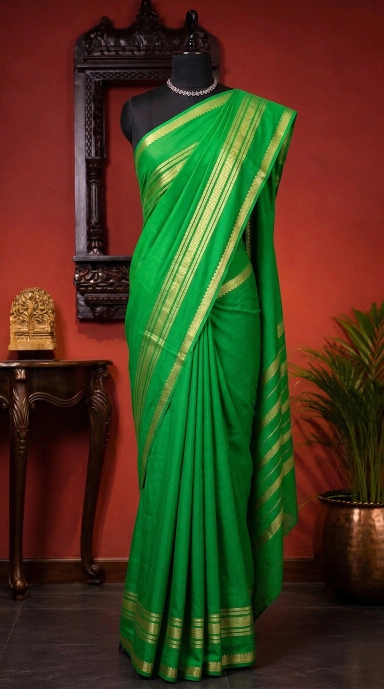 Leaf Green Plain Mysore Crepe Silk Saree 