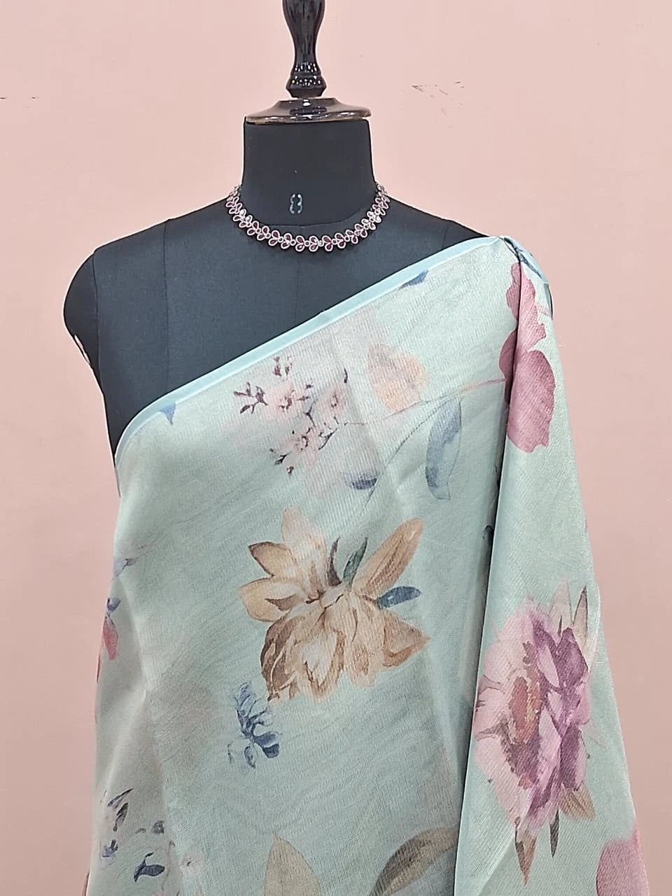 Light Mint Blue Tissue Tussar Saree 1