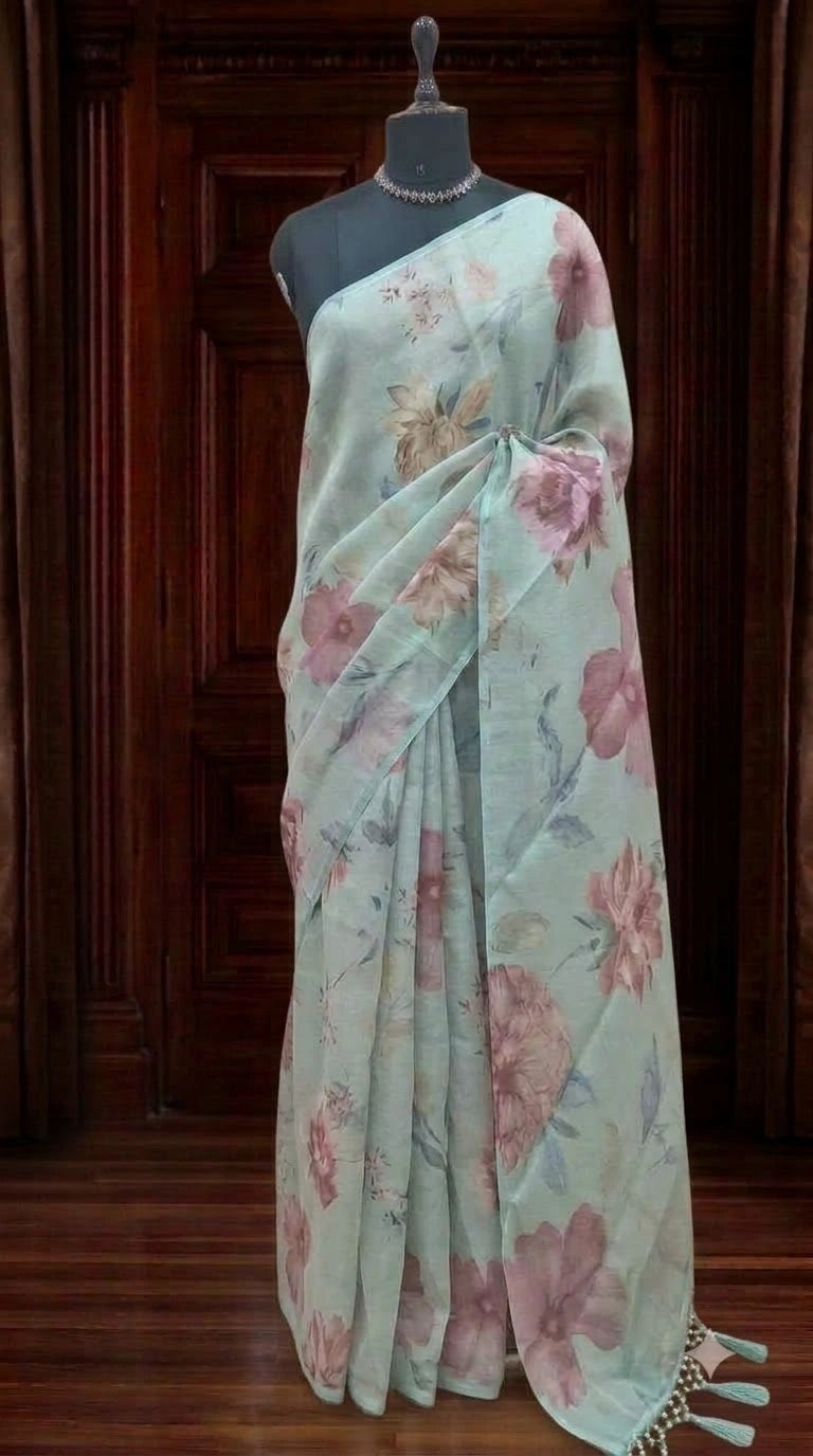 Light Mint Blue Tissue Tussar Saree