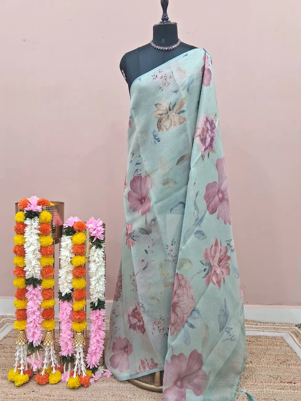 Light Mint Blue Tissue Tussar Saree
