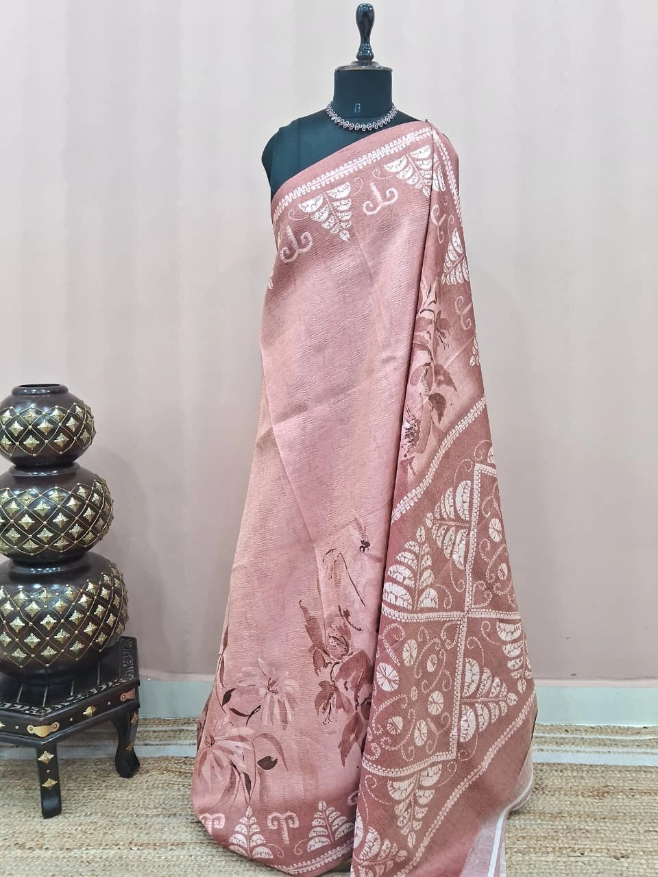 Peach Plain Crush Silk Saree 