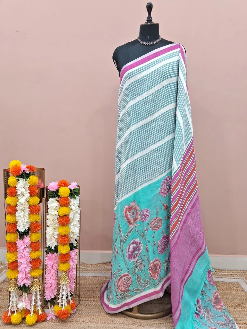Sky Blue Pure Linen Saree 