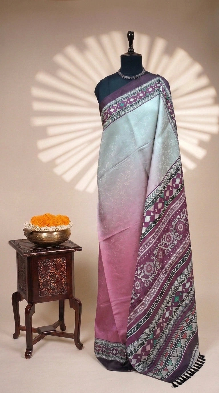 Graceful Pearl White and Onion Peach Pink Satin Saree 