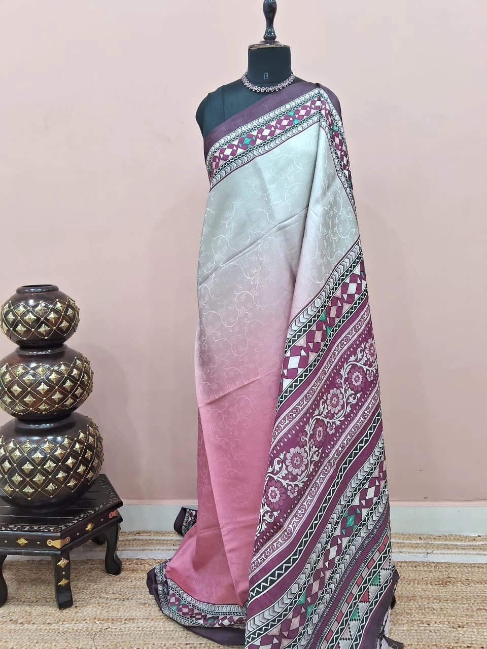 Graceful Pearl White and Onion Peach Pink Satin Saree 