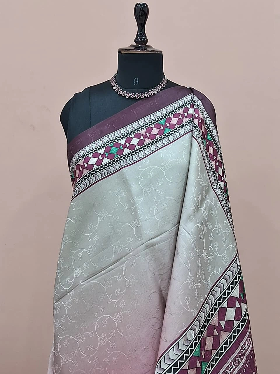 Graceful Pearl White and Onion Peach Pink Satin Saree 1