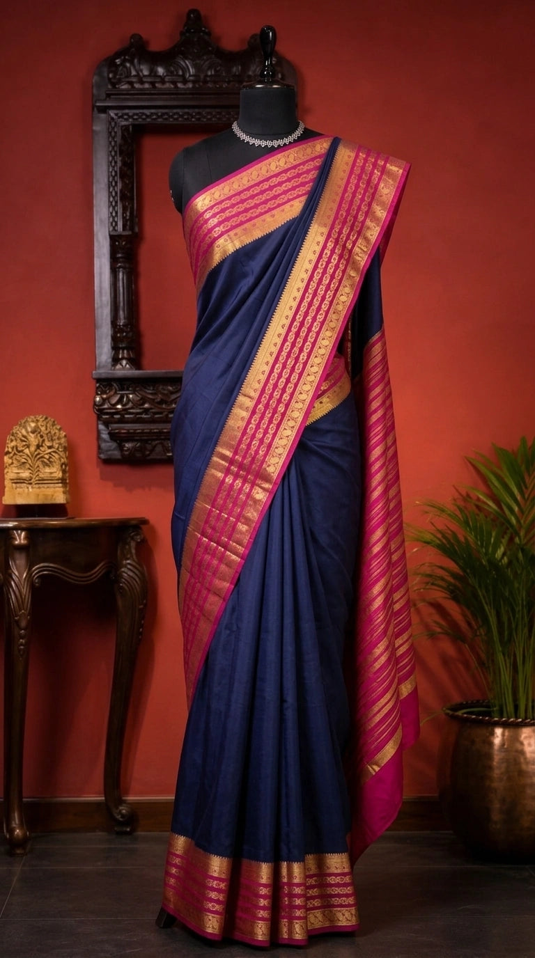 Elegant Navy Blue Plain Mysore Crepe Silk Saree 
