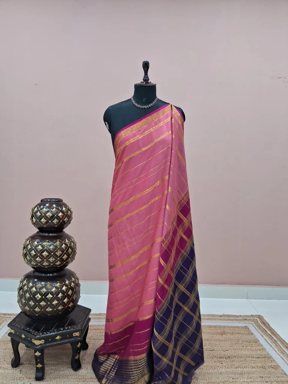 Peach Pink and Purple Crepe Silk Saree