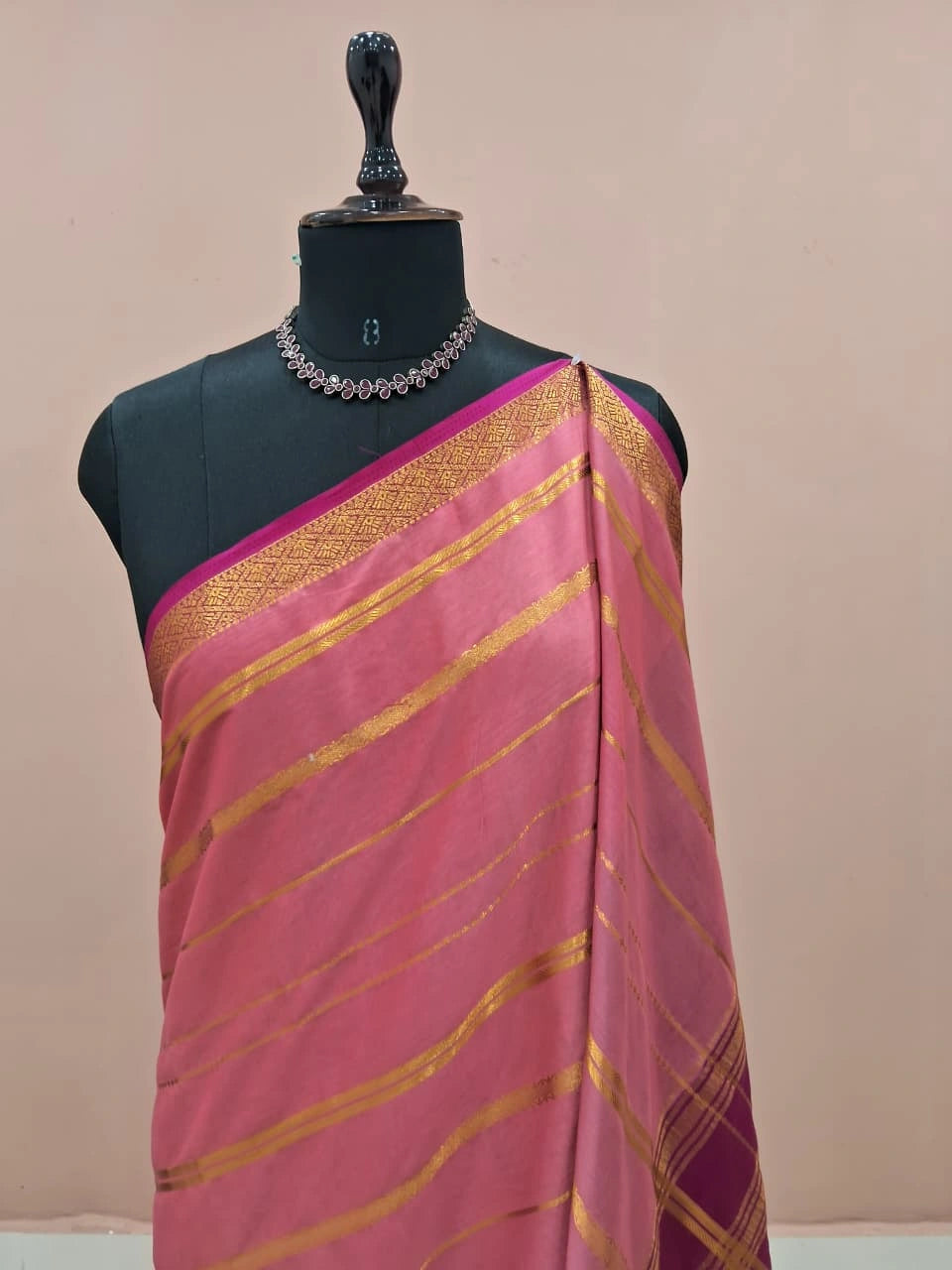 Peach Pink and Purple Crepe Silk Saree 1