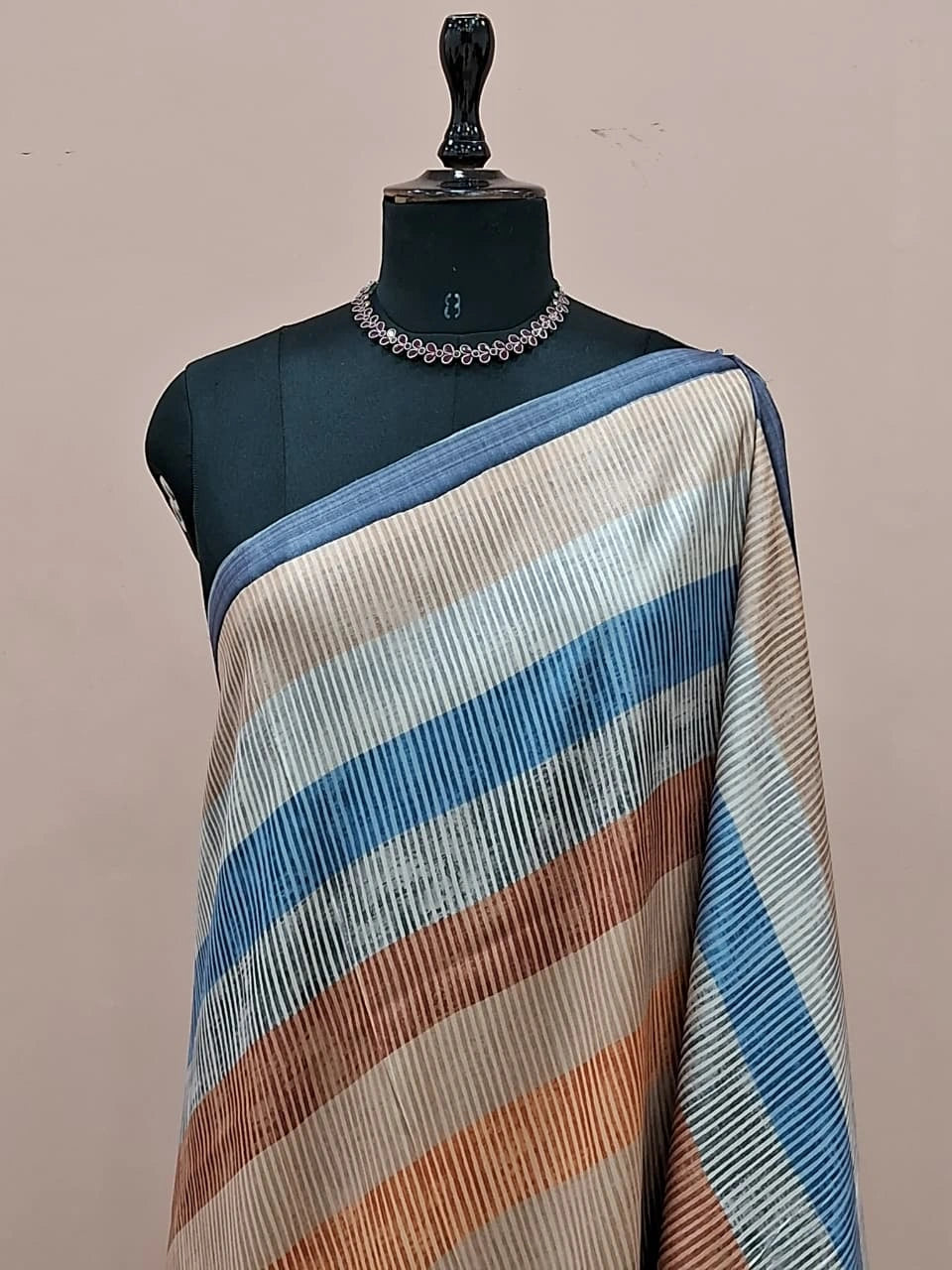 Powder Blue Satin Tussar Silk Saree  1