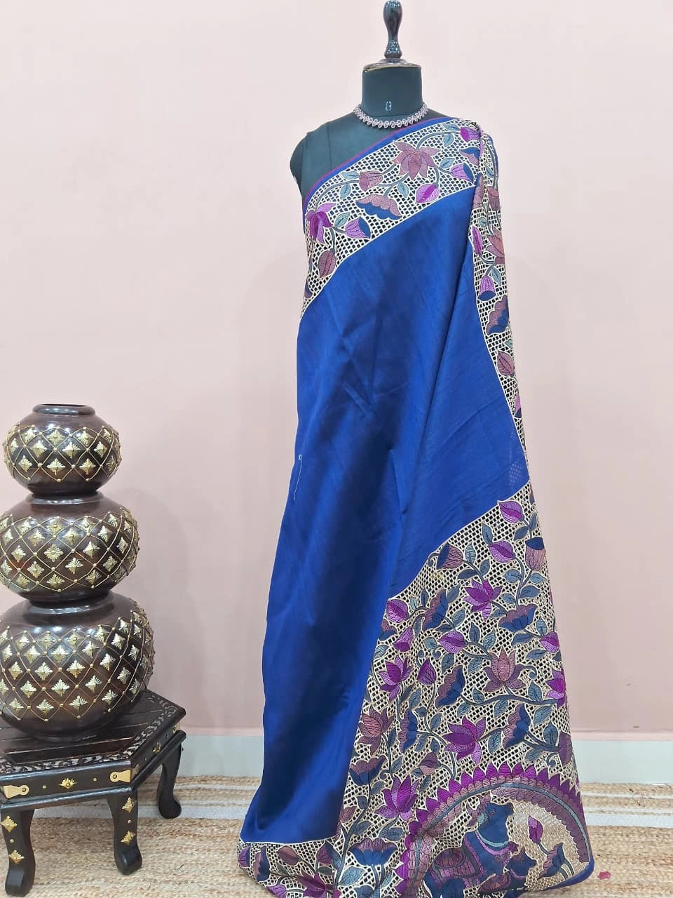 Elegant Royal Blue Plain Tussar Saree 