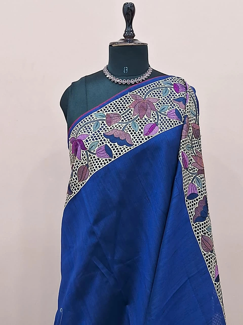 Elegant Royal Blue Plain Tussar Saree 1