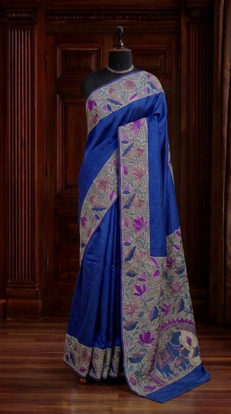 Elegant Royal Blue Plain Tussar Saree 